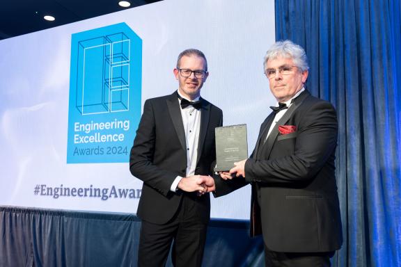 1. Senior Engineer Colm Ó Ríordáin, pictured collecting the Civil Engineering Project of the Year award at the Engineering Excellence Awards.