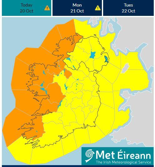 Ireland shaded in yellow with Galway Donegal Clare and Mayo in Orange