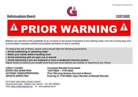 Prior Warning Notice for Ballyloughane Beach