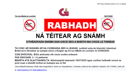 Fógra Cosc ar Shnámh do thrá na mBaile an Locháin