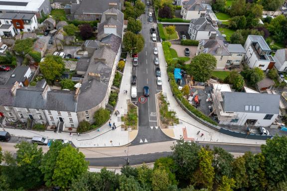 An aerial image of the completed works at The Crescent / Sea Road, including the new rain gardens.