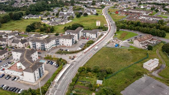 An aerial view of Castlepark Road, August 2025, during ongoing works on the Ballybane Road and Castlepark Road Cycle Network Scheme