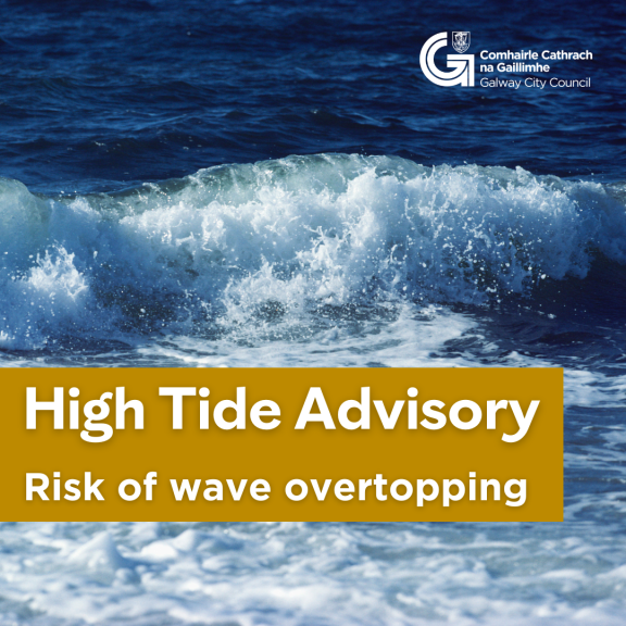 Wave background with 'High Tide Advisory' and 'Risk of Wave Overtopping' written in front.
