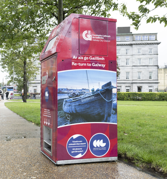 side of bin in Eyre Square