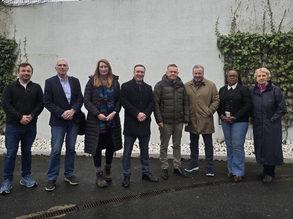Sean McGuire and John Costello, AtkinsRéalis; Laura Gaffney, Senior Executive Engineer, Active Travel Department, Galway City Council; Leonard Cleary, Chief Executive, Galway City Council; Cllr. Alan Cheevers; Derek Pender, Director of Services, Project Development, Galway City Council; Cllr. Helen Uchechukwu Ogbu; Cllr. Terry O’Flaherty.  Absent from photo, but also in attendance at the meeting – Cllr. Shane Forde.