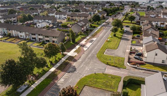 An aerial photograph of Ballybane Road during construction of the Ballybane Road and Castlepark Road Active Travel Scheme