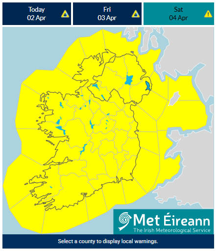 Ireland covered in yellow to represent yellow wind warning