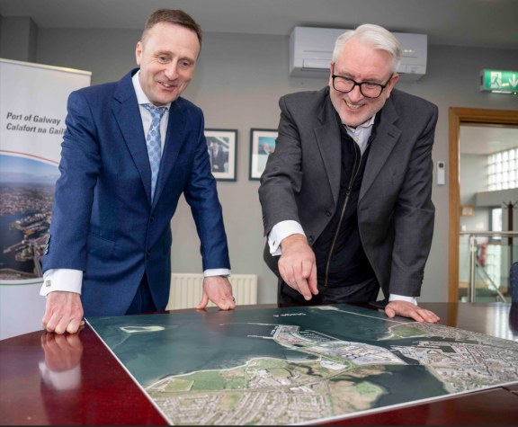 CE Leonard Cleary and Chairperson of Galway Port Maurice O'Gorman looking at an image of the proposed development