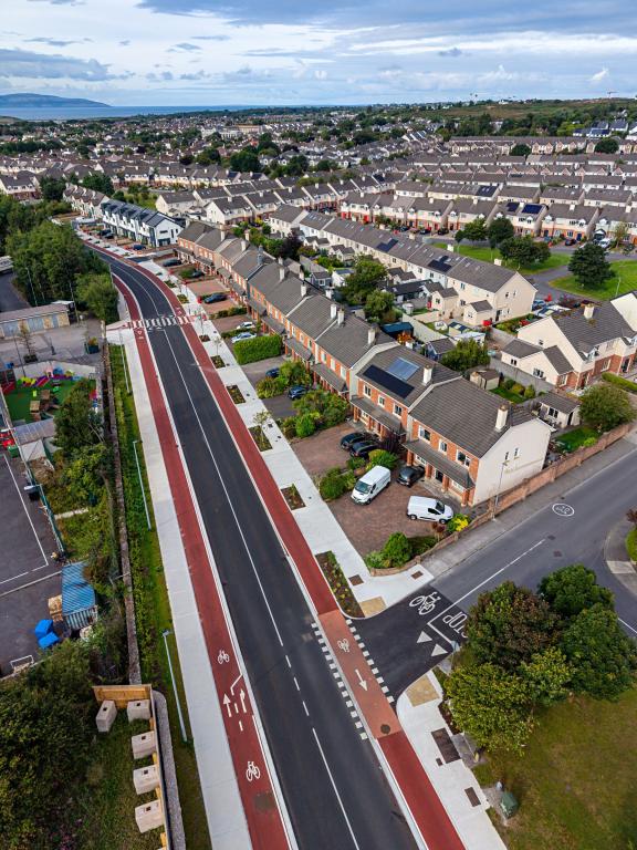 An aerial image showing completed works on the Bóthar Stiofáin Cycle Network Scheme