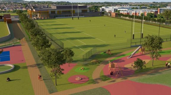 rendering of park in the future. Modern looking rugby pitch and park.