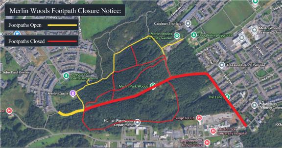 map of footpath closures in merlin woods
