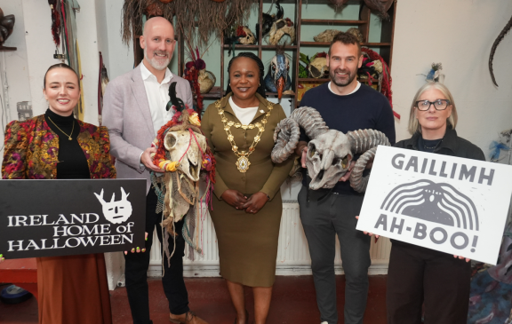 Gaillimh Ah-Boo Launch 2026 with representatives from Fáilte Ireland and Galway City Council in Macnas' workshop in Fisheries Field
