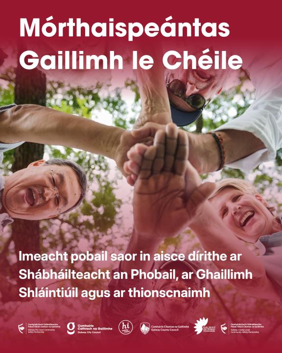 Group of people holding hands in a circle on poster for Galway Expo event