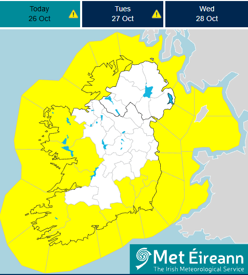 Map of Ireland with Galway in yellow for weather alert