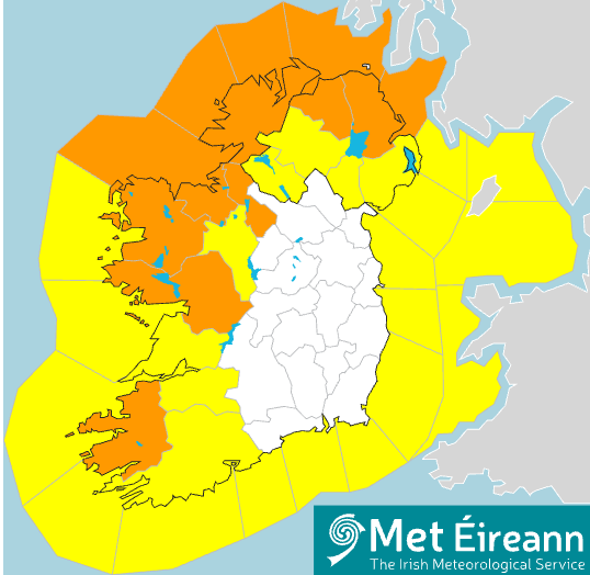 map of ireland with orange warning over Galway