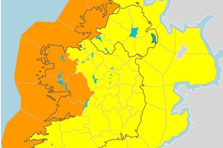 Ireland shaded in yellow with Galway Donegal Clare and Mayo in Orange