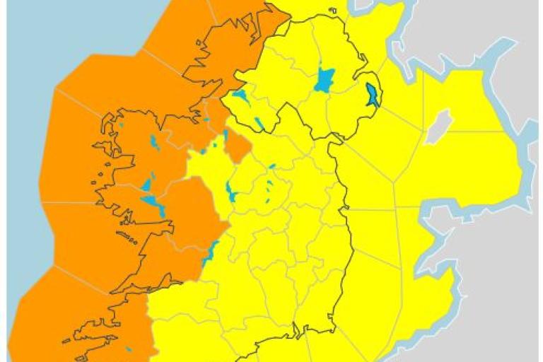 Ireland shaded in yellow with Galway Donegal Clare and Mayo in Orange