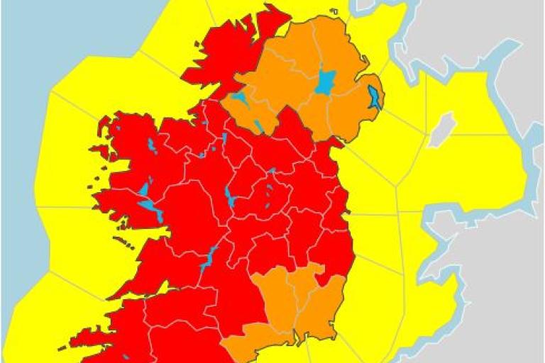 map of ireland with most counties in red