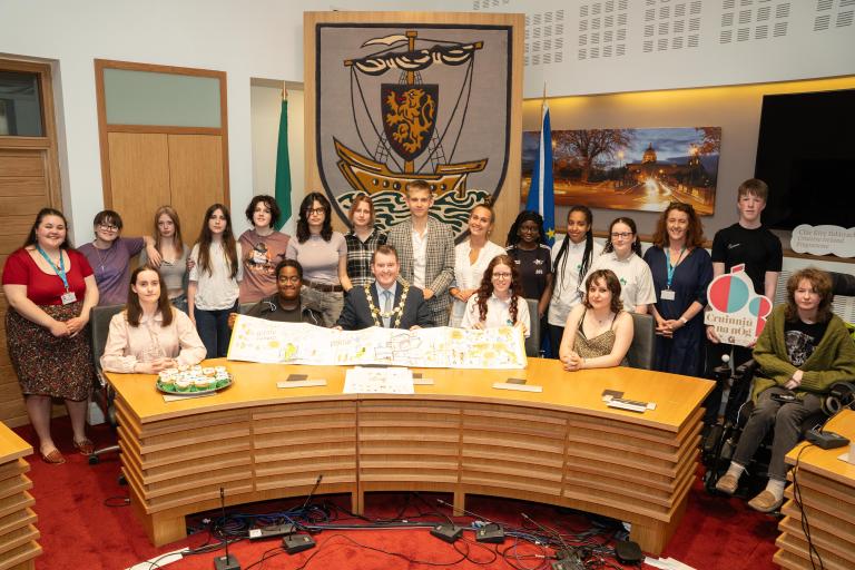 The Mayor of Galway City, Councillor Peter Keane launches this year’s Cruinniú na nÓg at City Hall with members of the Creative Youth Advisory Group and Comhairle na nÓg ((c) Boyd Challenger, 2025)