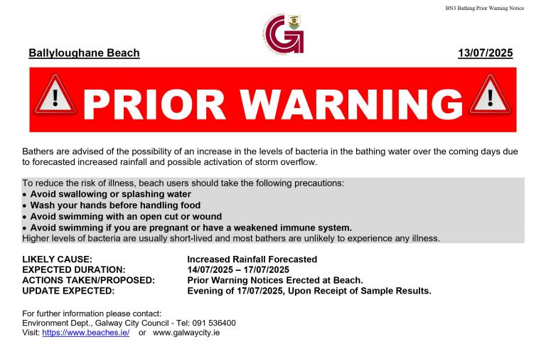 Prior Warning Notice for Ballyloughane Beach