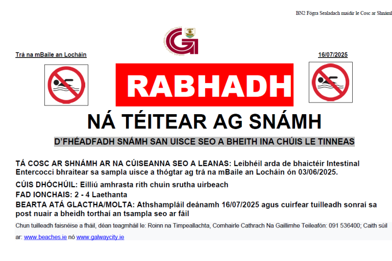 Fógra Cosc ar Shnámh do thrá na mBaile an Locháin