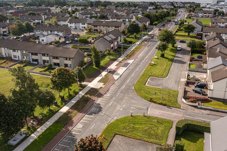 An aerial view of Ballybane Road, August 2025, during ongoing works on the Ballybane Road and Castlepark Road Cycle Network Scheme