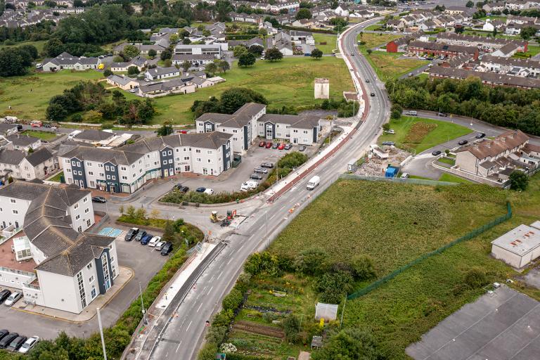 An aerial view of Castlepark Road, August 2025, during ongoing works on the Ballybane Road and Castlepark Road Cycle Network Scheme