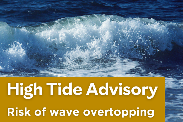 Wave background with 'High Tide Advisory' and 'Risk of Wave Overtopping' written in front.