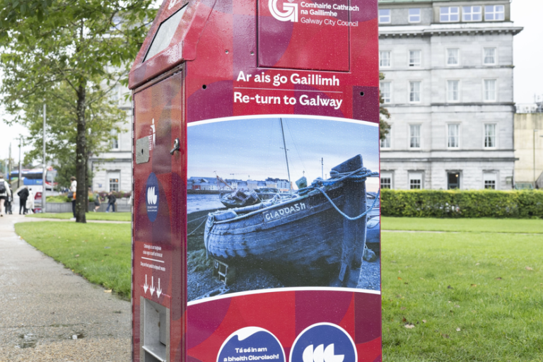 side of bin in Eyre Square