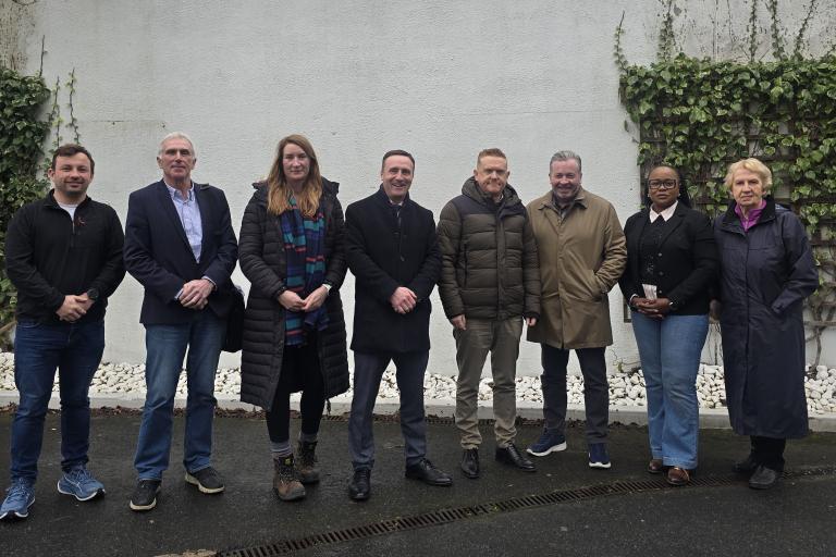 Sean McGuire and John Costello, AtkinsRéalis; Laura Gaffney, Senior Executive Engineer, Active Travel Department, Galway City Council; Leonard Cleary, Chief Executive, Galway City Council; Cllr. Alan Cheevers; Derek Pender, Director of Services, Project Development, Galway City Council; Cllr. Helen Uchechukwu Ogbu; Cllr. Terry O’Flaherty.  Absent from photo, but also in attendance at the meeting – Cllr. Shane Forde.