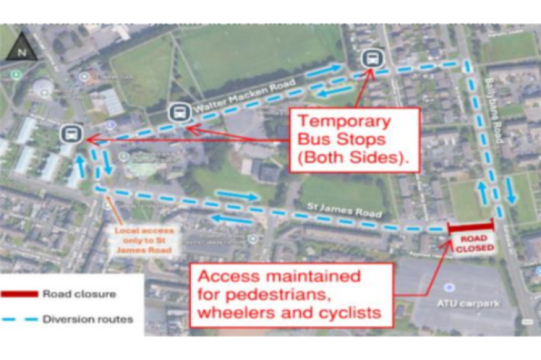 A map showing the diversion routes during the closure of St. James' Road.  Vehicular access will be available via Walter Macken Road, and localised pedestrian and cyclist access will be maintained on St. James' Road