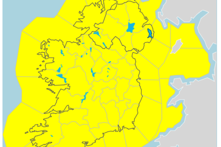 Ireland covered in yellow to represent yellow wind warning
