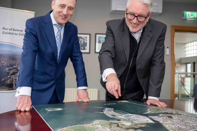 CE Leonard Cleary and Chairperson of Galway Port Maurice O'Gorman looking at an image of the proposed development