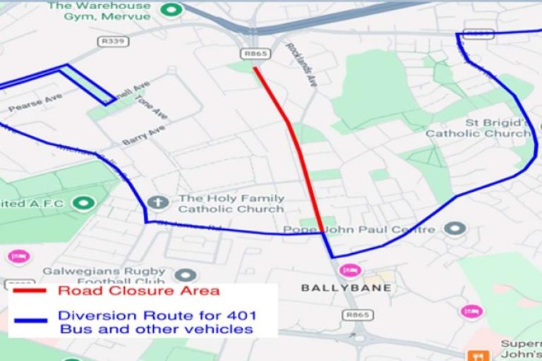 A map outlining the diversion route for the 401 bus route during work hours only