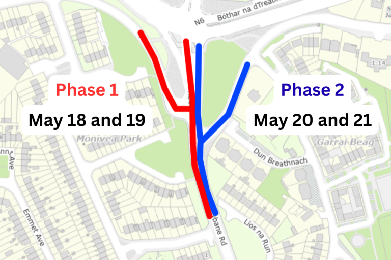 A map showing the planned phasing of resurfacing works at the Monivea Road / Ballybane Road junction, beginning May 18