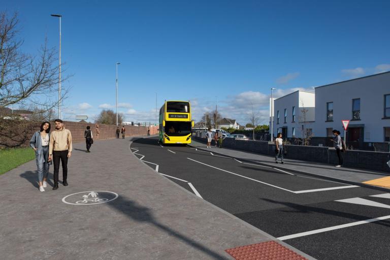 A photomontage image showing part of the future Monivea Road (East) Active Travel Scheme.  This image shows people walking on the new footpath, and a bus using the road.