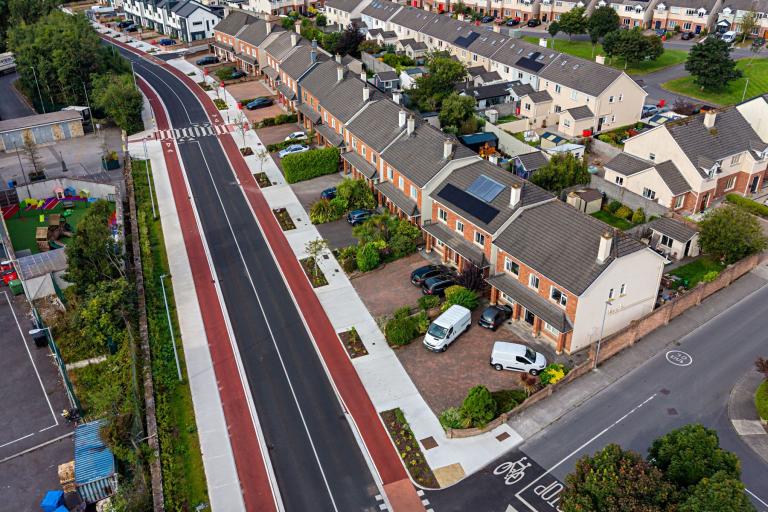 An aerial image showing completed works on the Bóthar Stiofáin Cycle Network Scheme