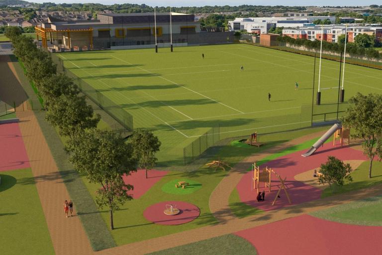 rendering of park in the future. Modern looking rugby pitch and park.