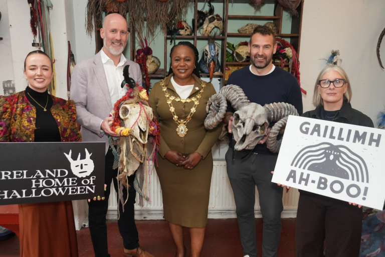 Gaillimh Ah-Boo Launch 2026 with representatives from Fáilte Ireland and Galway City Council in Macnas' workshop in Fisheries Field