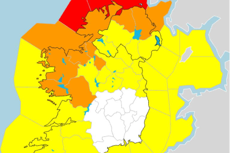 Map of Ireland with Galway in orange during Storm Boelo