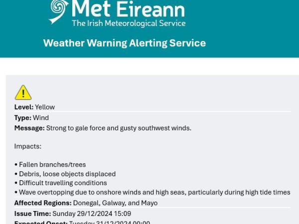 Met Éireann wind warning snapshot