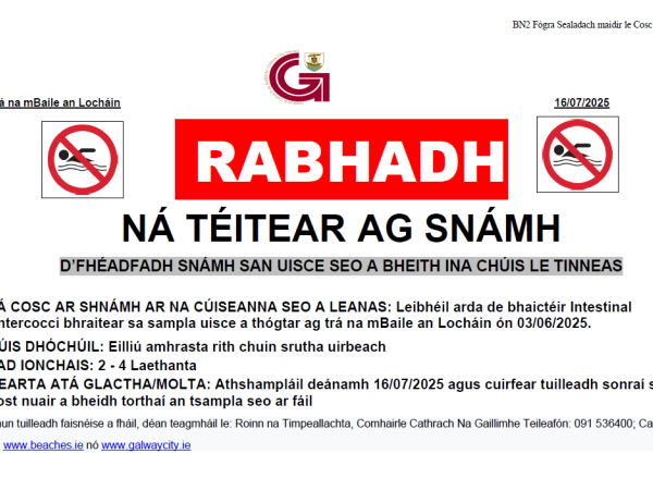 Fógra Cosc ar Shnámh do thrá na mBaile an Locháin