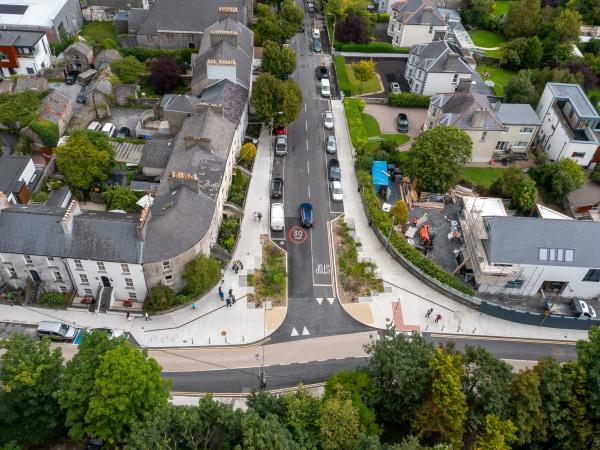 An aerial image of the completed works at The Crescent / Sea Road, including the new rain gardens.