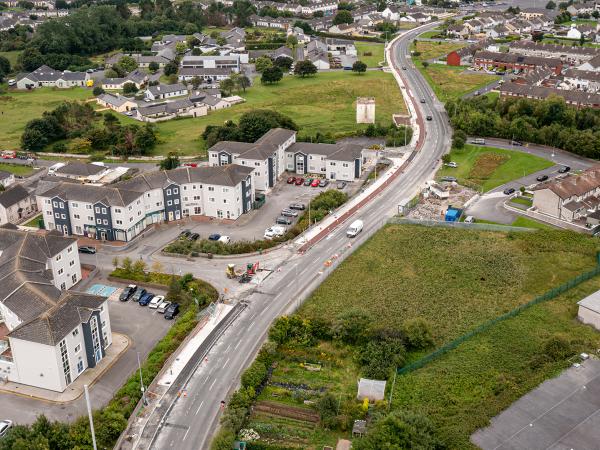 An aerial view of Castlepark Road, August 2025, during ongoing works on the Ballybane Road and Castlepark Road Cycle Network Scheme