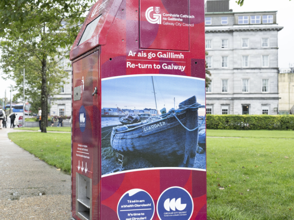 side of bin in Eyre Square