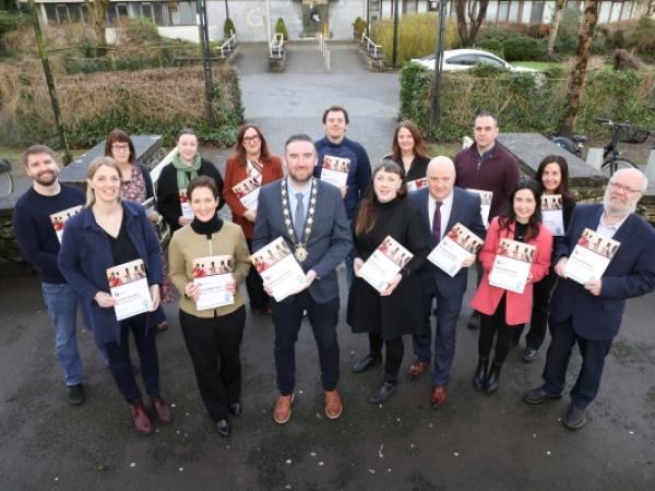 Group with Mayor at Parking Information Pack Launch outside City Hall
