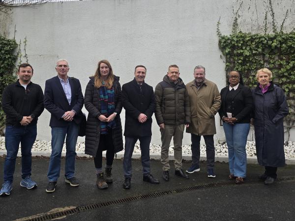 Sean McGuire and John Costello, AtkinsRéalis; Laura Gaffney, Senior Executive Engineer, Active Travel Department, Galway City Council; Leonard Cleary, Chief Executive, Galway City Council; Cllr. Alan Cheevers; Derek Pender, Director of Services, Project Development, Galway City Council; Cllr. Helen Uchechukwu Ogbu; Cllr. Terry O’Flaherty.  Absent from photo, but also in attendance at the meeting – Cllr. Shane Forde.