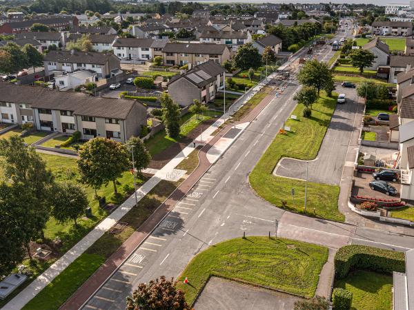 An aerial photograph of Ballybane Road during construction of the Ballybane Road and Castlepark Road Active Travel Scheme