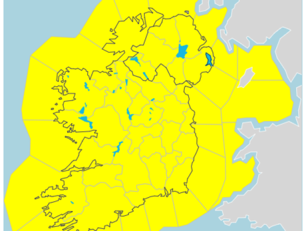 Ireland covered in yellow to represent yellow wind warning