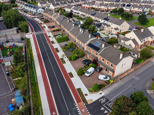 An aerial image showing completed works on the Bóthar Stiofáin Cycle Network Scheme